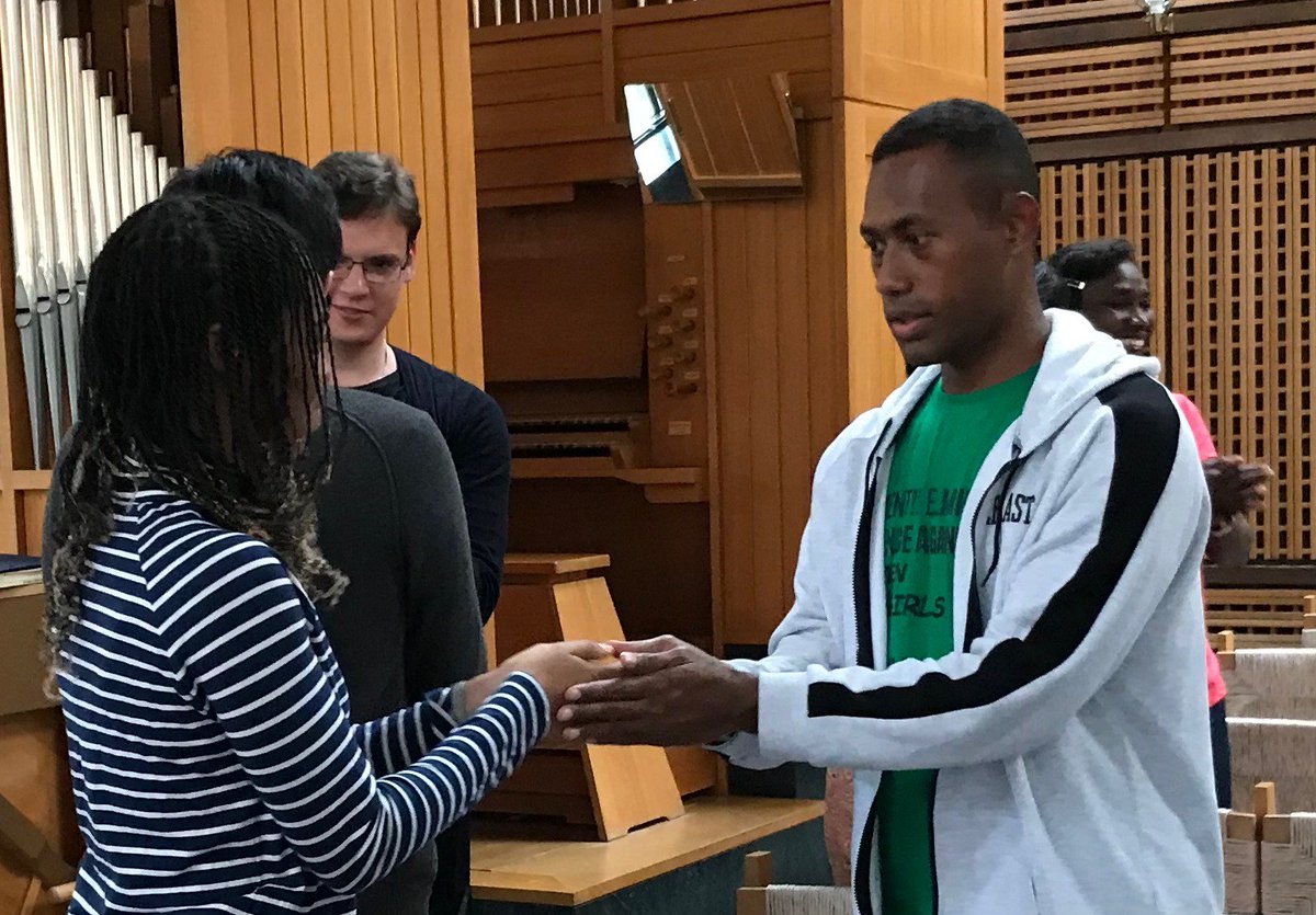 OikoumeneYouth's tweet photo. At Ecumenical Centre morning prayer led by the #WCC @Oikoumene stewards, we echoed the prayers of all who joined yesterday's Global Day of Prayer to #PraytoEndFamine, and shared peace with the traditional gesture from the Malankara Orthodox tradition. https://t.co/vugjULPuEJ