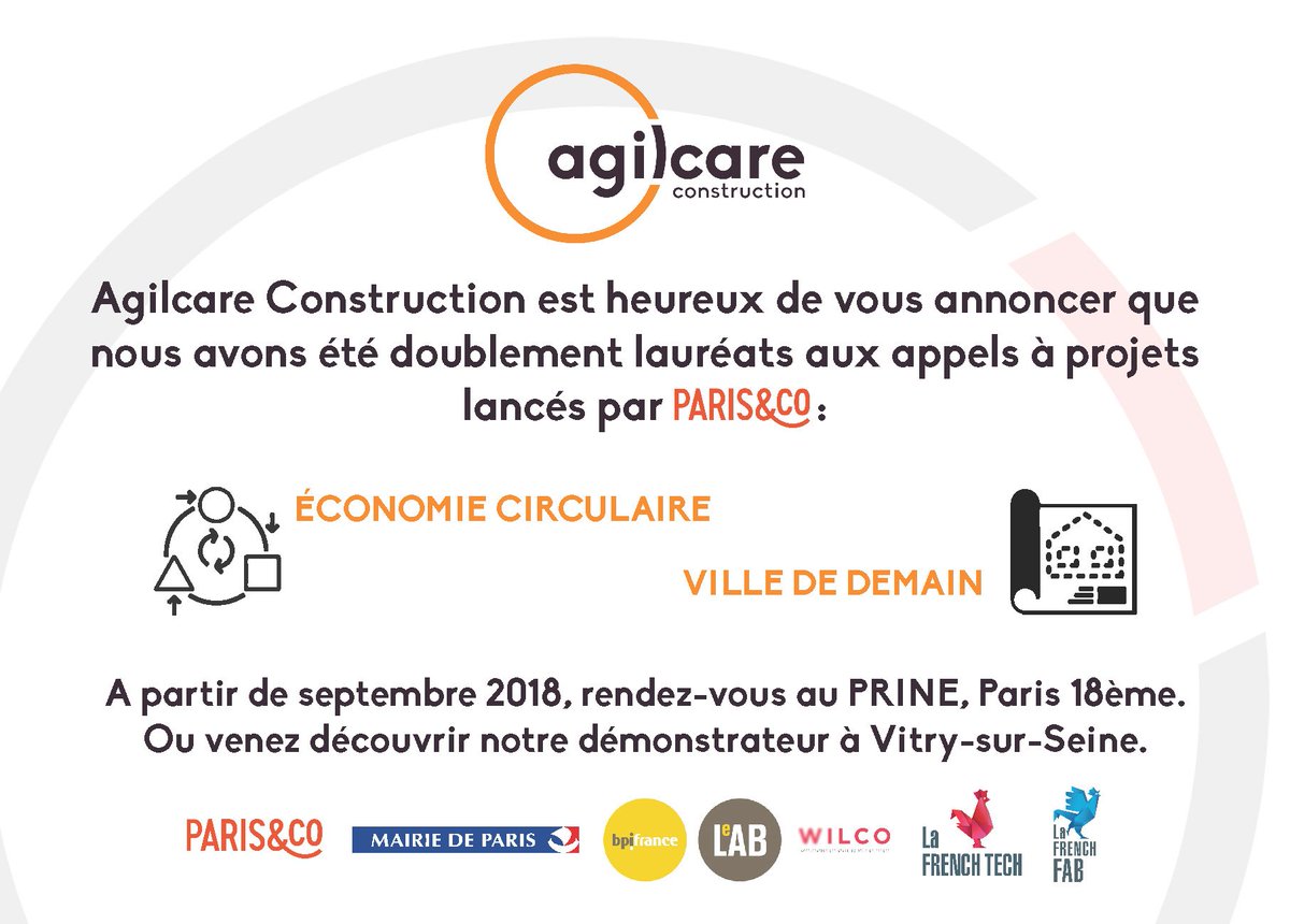 agilcare's tweet photo. Nous sommes fiers de vous annoncer qu'AgilCare est doublement lauréats des appels à projets lancés par @Paris_Incub @Paris_and_Co
#EconomieCirculaire #VilleDeDemain
Retrouvez notre communiqué de presse sur: https://t.co/DNFTfXTASv
#Construction #renouvelable https://t.co/hIsGQoI6qU