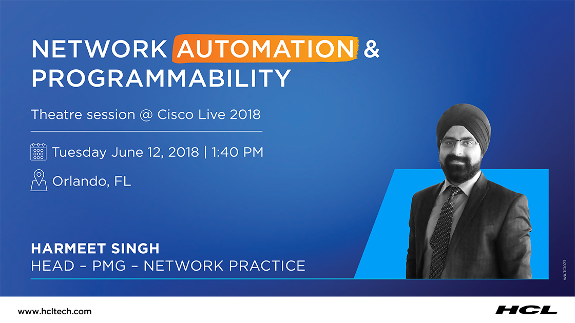 hcltech's tweet photo. Join Harmeet Singh at #CLUS speaking on the usage of NetBOT powered by #AI that enables enterprises to automate and speed up networking tasks and deliver #CustomerExperience. #NextGenIT https://t.co/Yh85YtKTHF