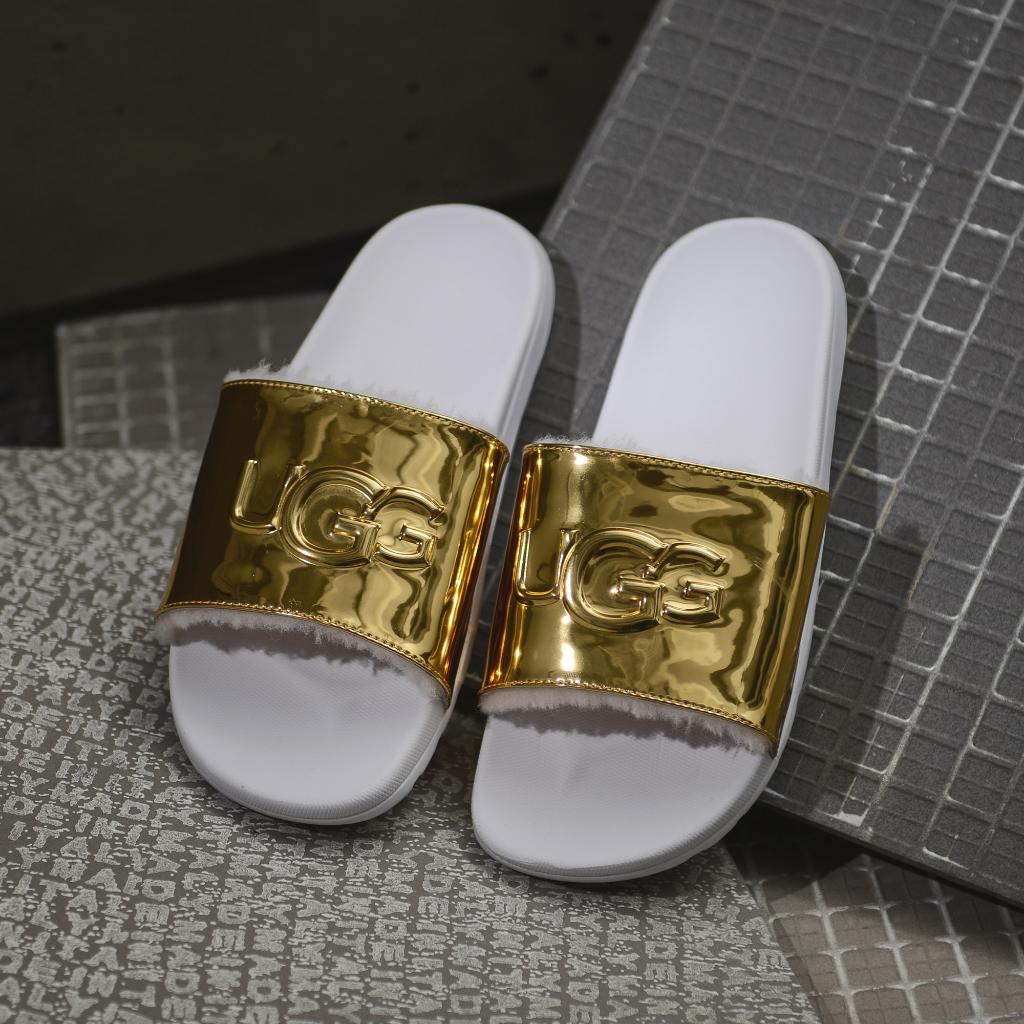 gold ugg slides