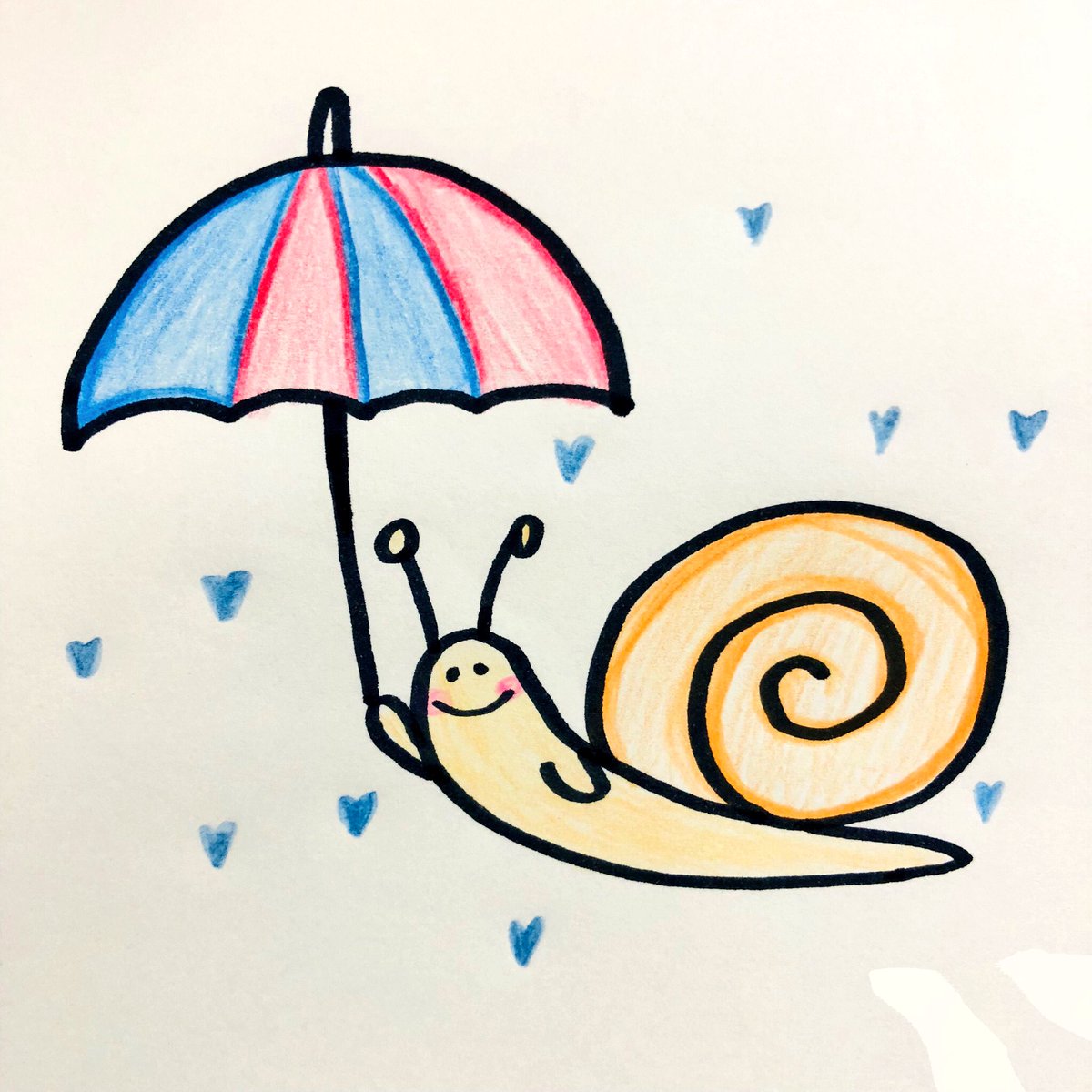 ちゃんりーu 明日は晴れるかなぁ イラスト 簡単 癒し 可愛い カタツムリ 傘 ハート 雨 Illustration Cute Snails Umbrella Rain