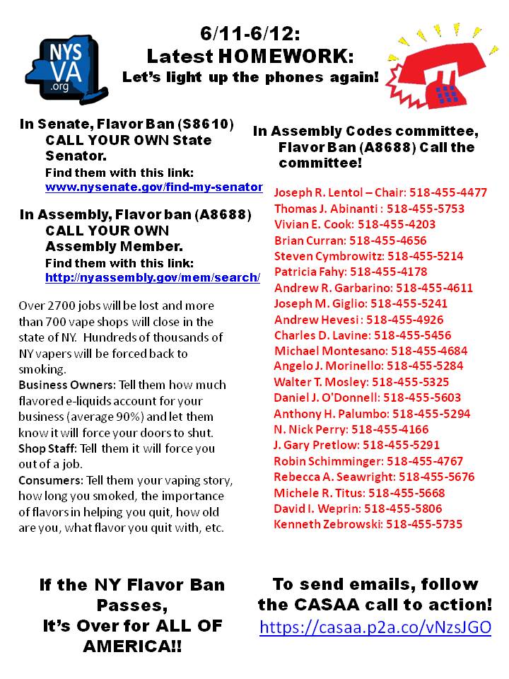 New Homework!! 6/11 &amp; 6/12 - Light up the phones! #nyvapes #nyvapers #nycvapes #savetheflavesny #nysva <a href="/nysvaporassoc/">NYSVaporAssociation</a> #vapeshops #vapeadvocacy #newyorkvapes #newyorkvapers #vapeny #vapenewyork ow.ly/7eA130krGzx