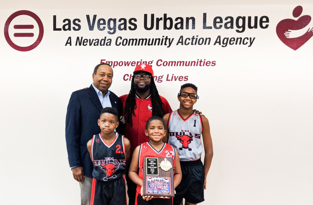 LVUL's tweet photo. Las Vegas Urban League receives an award for dedication &amp; support from the CM Bulls 2018. In the first Photo: Ryan Myers Chief Operating Officer LV Urban League;  three of the team players; Noah Darden, Tremmell Darden Jr, AJ Hawkins, &amp; Camp President Morgan Harris. @cmbulls702 https://t.co/UwNEsNsLQA