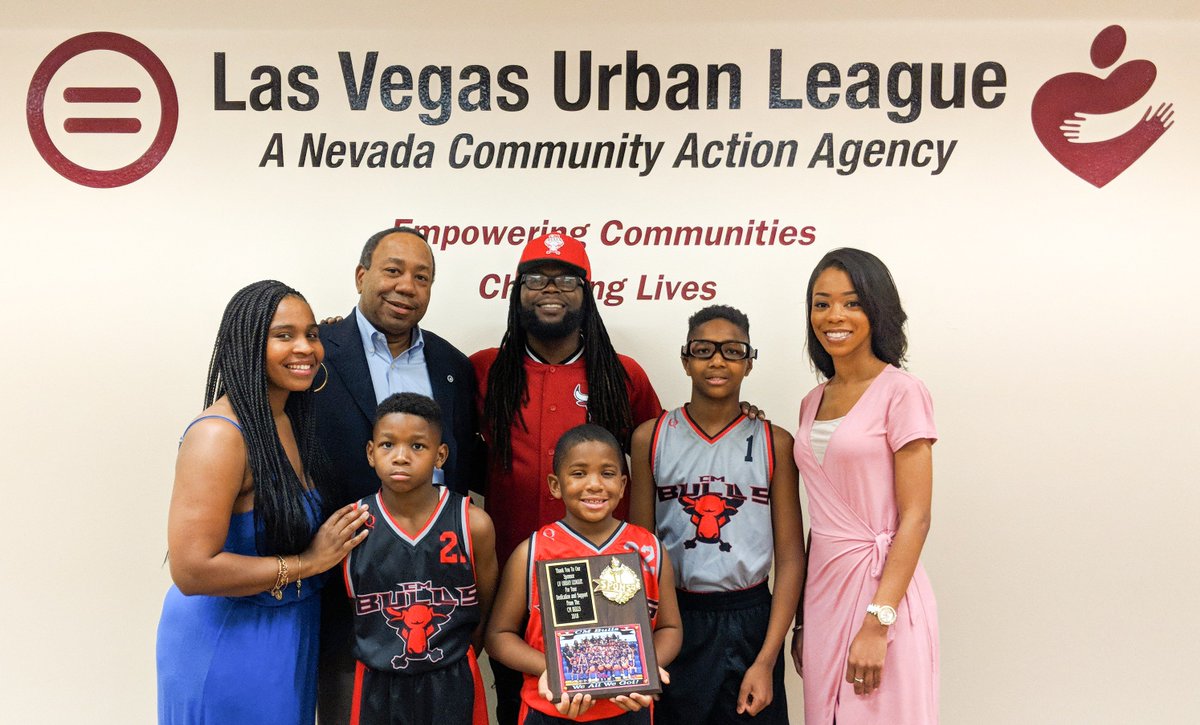 LVUL's tweet photo. Las Vegas Urban League receives an award for dedication &amp; support from the CM Bulls 2018. In the first Photo: Ryan Myers Chief Operating Officer LV Urban League;  three of the team players; Noah Darden, Tremmell Darden Jr, AJ Hawkins, &amp; Camp President Morgan Harris. @cmbulls702 https://t.co/UwNEsNsLQA