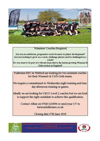 Fullerians RFC in Watford are looking for additional volunteer coaches to join us for next season. 

We are the fastest growing girls and women's section in England and we are looking to expand our coaching team. 

Contact us for more info 

#rugbyunited #rugby #thisgirlcan