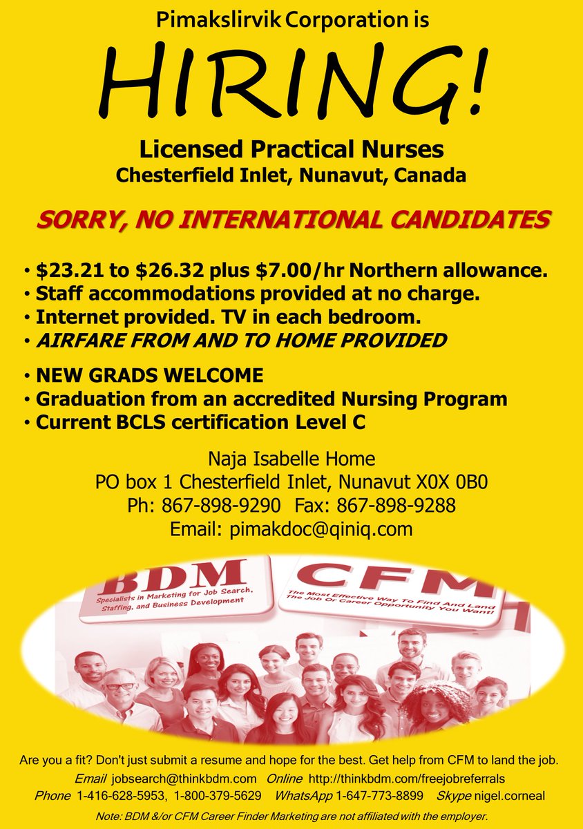 jobsfrombdm's tweet photo. #CFMJobs Pimakslirvik Corporation is #Hiring - Licensed Practical #Nurses in #ChesterfieldInlet in #Nunavut, Canada
Ph: 867-898-9290 Fax: 867-898-9288 Email: pimakdoc@qiniq.com
#LPN #LPNJobs #NurseJobs #NursingJobs #NurseGrads #NursingGrads #NurseCareers https://t.co/401O57Zh8K