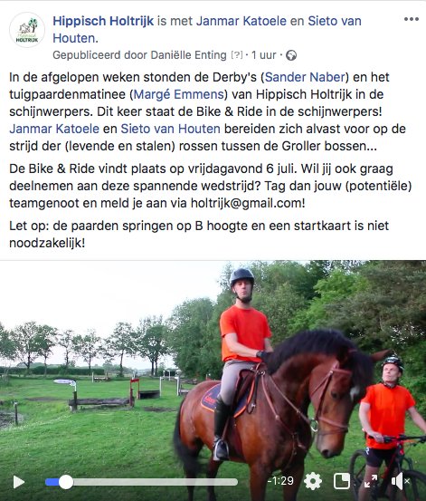 HHoltrijk's tweet photo. Janmar en Sieto bereiden zich alvast voor op de strijd der (levende en stalen) rossen tussen de Groller bossen... bekijk de video hier > https://t.co/0BaBrzFn2H en meld je aan via holtrijk@gmail.com! #Bike&amp;Ride #HippischHoltrijk #strijdderrossen #Grollerbossen https://t.co/3AXHzwWP2W