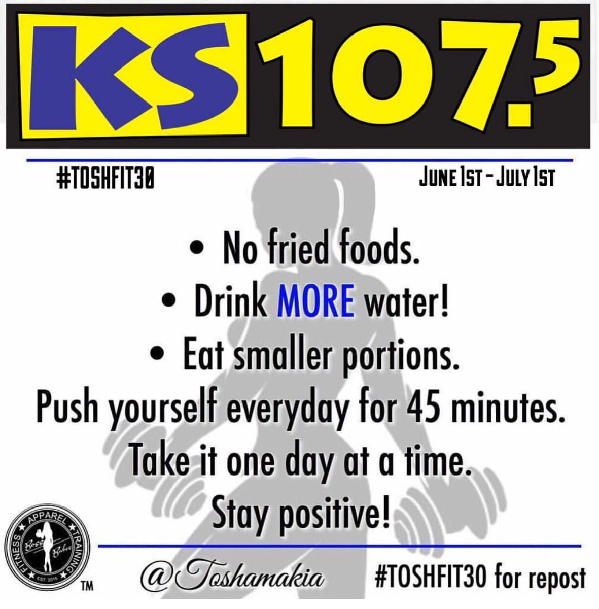 KS1075's tweet photo. CHALLENGE YOURSELF! 
30 Days at a time! 
Take back YOUR life &amp; leave your excuses! DO THIS FOR YOU &amp; DON'T GIVE UP!💪🏼💪🏾💪🏿💪🏻
Tune in weekdays 10-3pm &amp; Sat 11-3pm on @KS1075 with @Toshamakia to stay motivated on all social media! 
#ToshFit30 #MidDayTakeOver https://t.co/6S0gqNEGBO