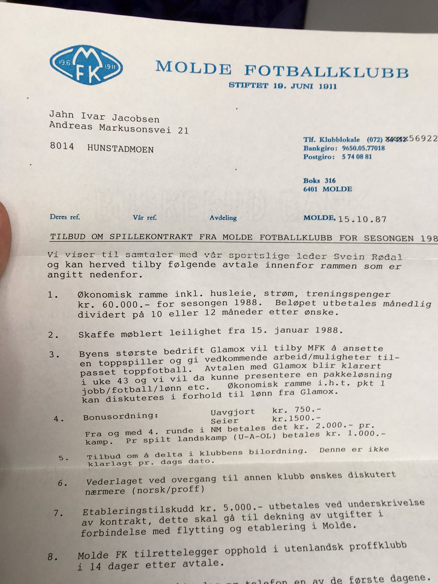 Og der var tilbudet fra ⁦<a href="/Molde_FK/">Molde Fotballklubb</a>⁩ 60.000 i året var vel litt lite...😳 Men kunne jobbet på Glamox....😂😂