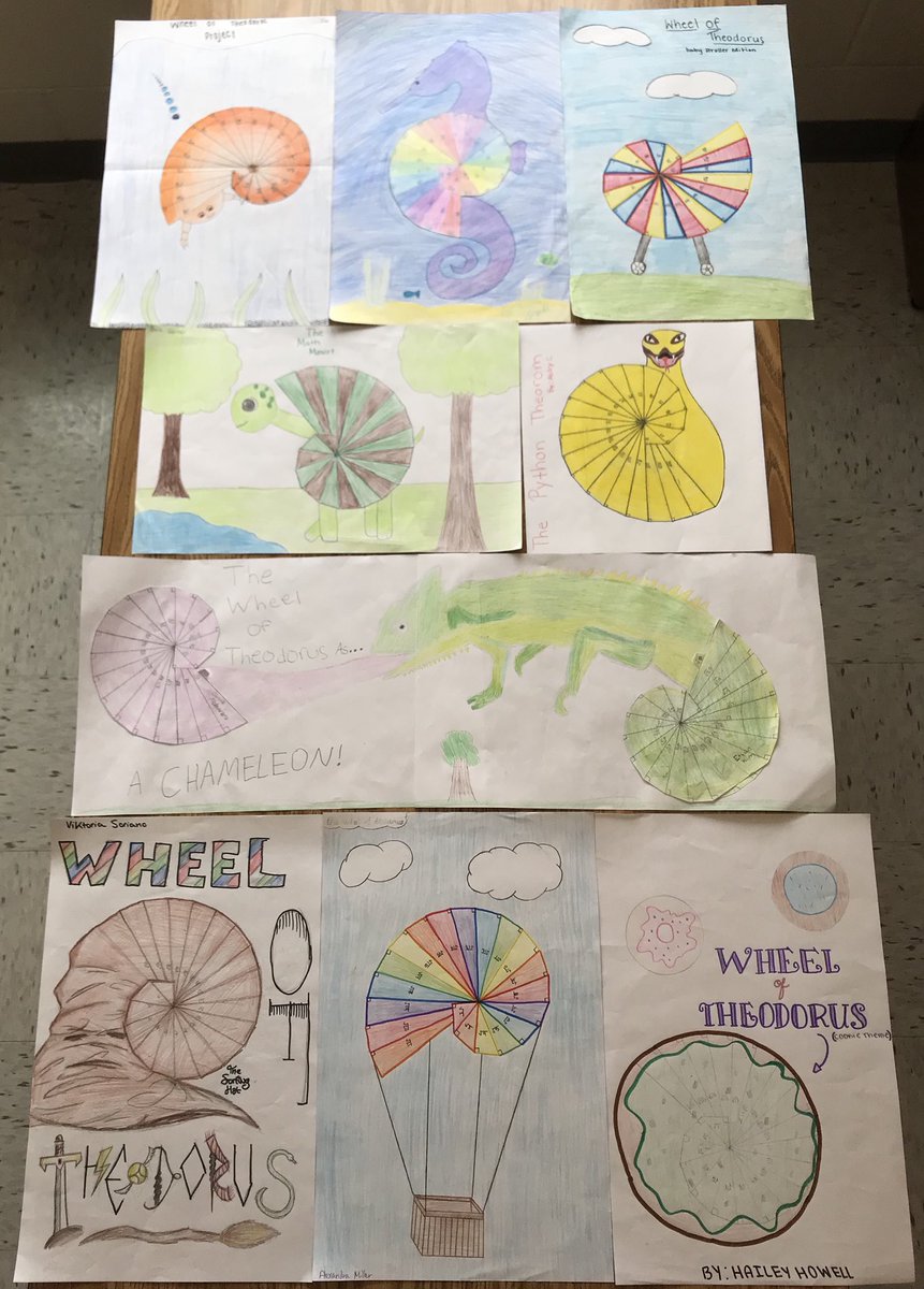 Mrs_Anzoleaga's tweet photo. A sampling of final projects - The Wheel of Theodorus using the Pythagorean Theorem. A huge thank you to my CLT for being open to trying this project with our Ss! #CLIMB @BAM_MS_Official https://t.co/uPouEK2Yur