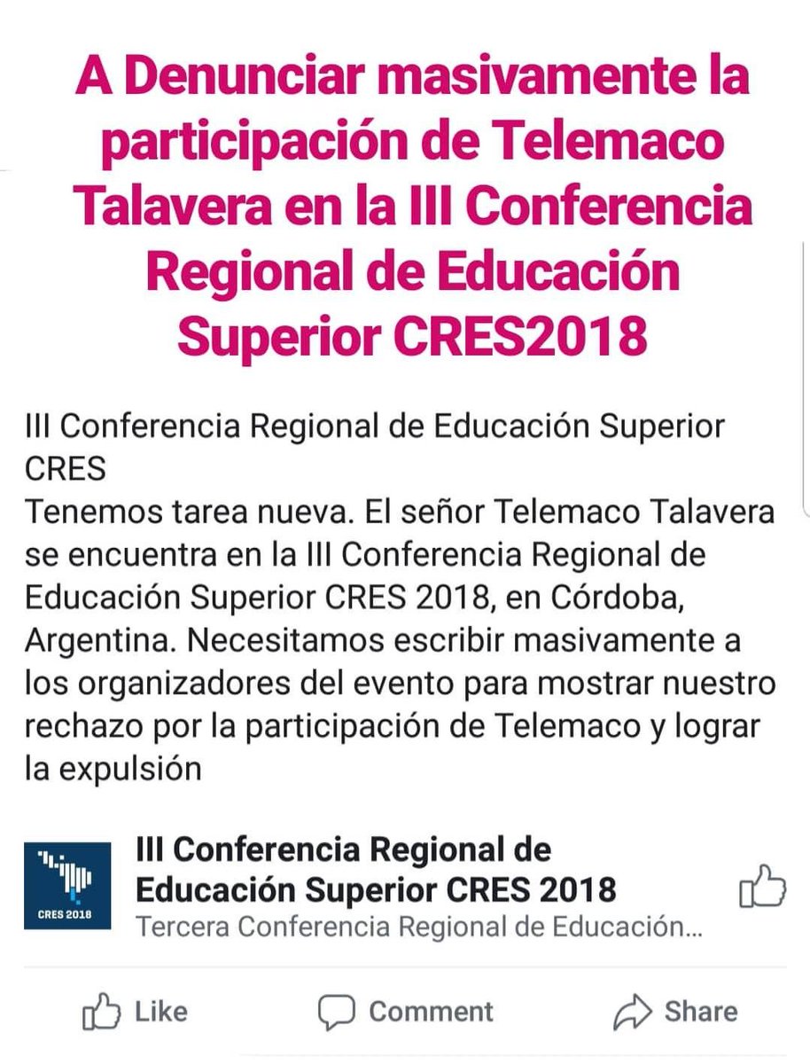 #GritoPorNicaragua #SOSNicaragua  a denunciar la participación de #TelemacoTalavera en la III Conferencia Regional de Educación Superior #CRES2018