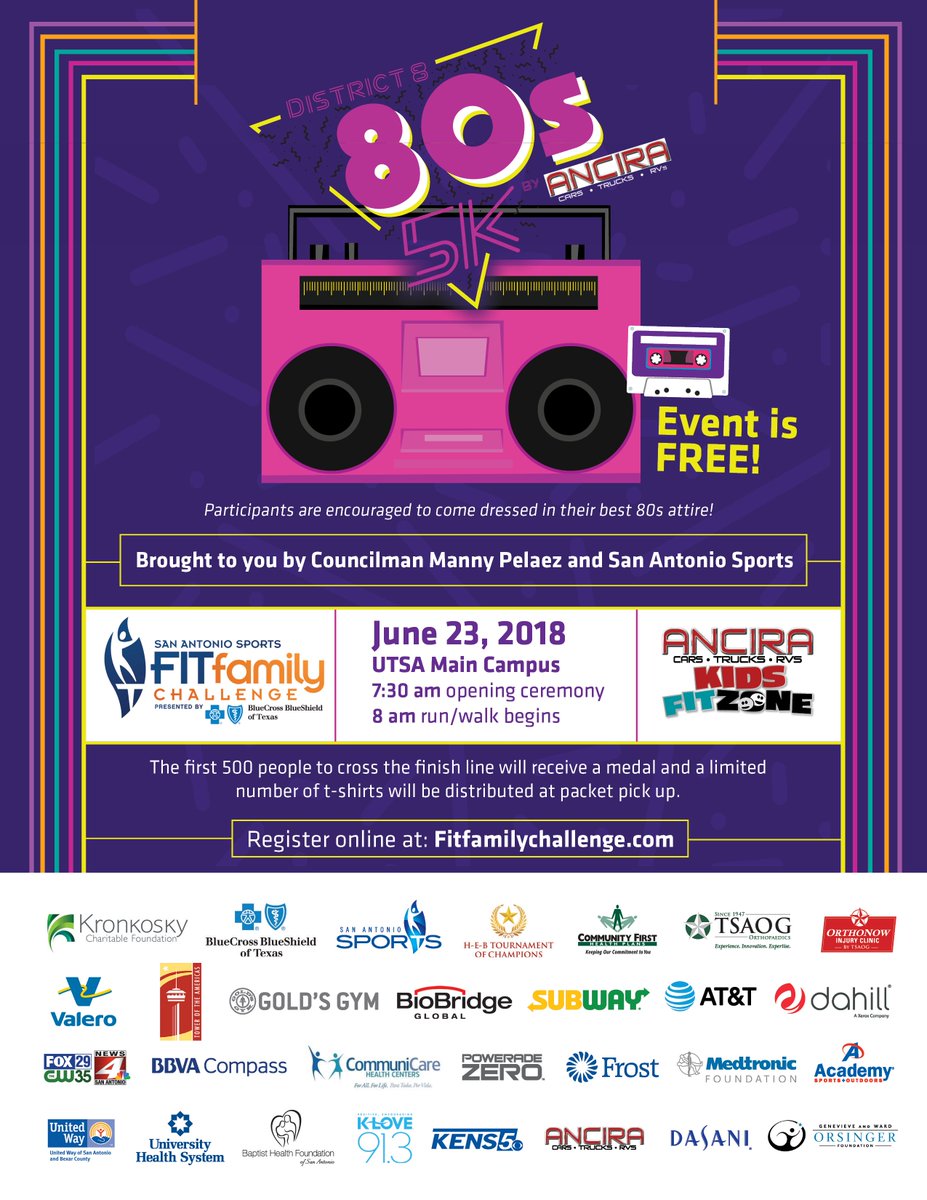 FitFamilySA's tweet image. Registration is now open for our next Fit Family Challenge Big Event: the District 8 80's 5K presented by Ancira! This FREE 5K will take place at UTSA on June 23. Come run, jog or walk with us PLUS we'll draw our second $1,000 winner of the summer. #FitFamilySA #BCBSTX #MovetoWin