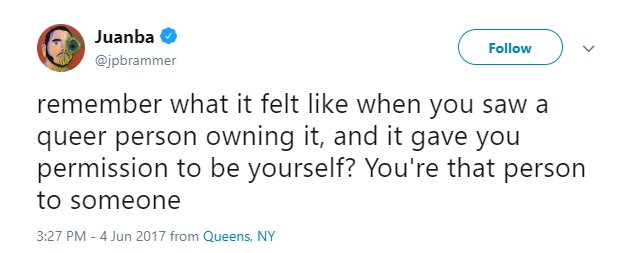 AriCohn's tweet image. This tweet struck a chord with me, and while I don't often get personal on the Tweeters, given the point made here, I feel it's important. So here we go. Happy #pridemonth.
Confession: When I was younger, I never really bought into the idea of "pride."