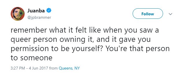 This tweet struck a chord with me, and while I don't often get personal on the Tweeters, given the point made here, I feel it's important. So here we go. Happy  #pridemonth.  https://twitter.com/jpbrammer/status/871463554070835200Confession: When I was younger, I never really bought into the idea of "pride."