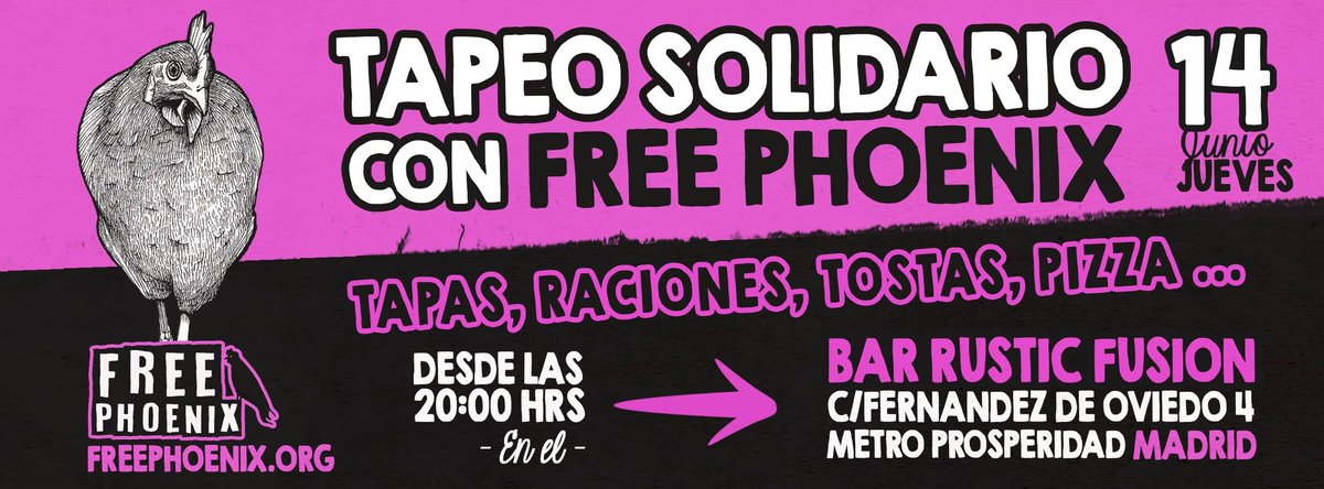 madrid_vegano's tweet photo. 📣 JUEVES 📅 tapeo solidario con el refugio antiespecista @freephoenixproj en #RusticFusion https://t.co/MXDCZifdpj #Madrid #Prosperidad #Vegan #AgendaMV #Solidaridad 🐾 https://t.co/lPFV5nsey2