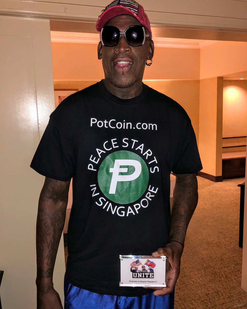 dennisrodman's tweet photo. Just arrived to Singapore for the Historical Summit! Looking forward to @POTUS having incredible success that the whole world will benefit by. Thank you @potcoin for supporting my mission! #Peace #Love #HistoricalSummit #Singapore #PresidentTrump #MarshallKimJongUn https://t.co/XNDsyBjLv8