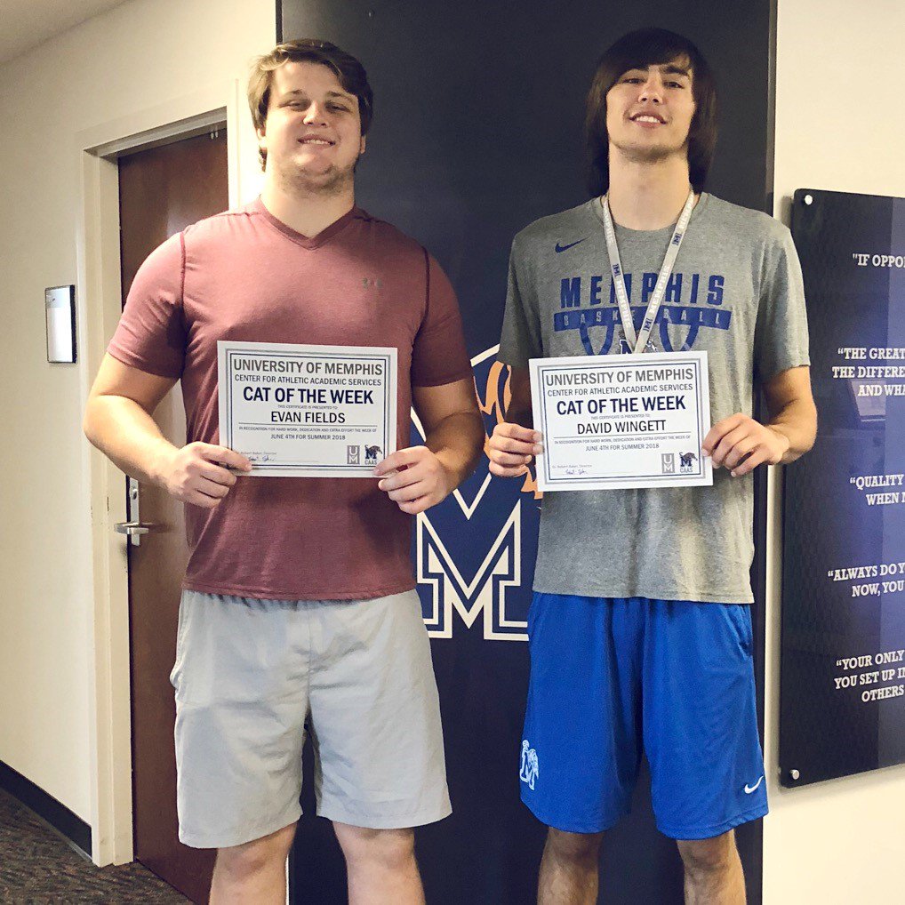 CAASMemphis's tweet photo. Congratulations to our first CAT of the Week recipients for Summer '18, Evan Fields 🏈 and David Wingett 🏀! Thanks for your hard work during our first week! Keep it going! #CAToftheweek #MemphisAthletics #GoTigersGo https://t.co/TdBxn0YFSc