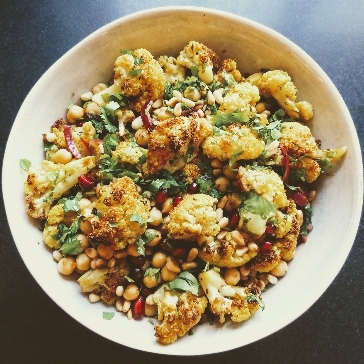 Never underestimate the humble cauliflower.  Roasted with turmeric and cumin then combined with chickpeas, pomegranate and pine nuts - sensational!