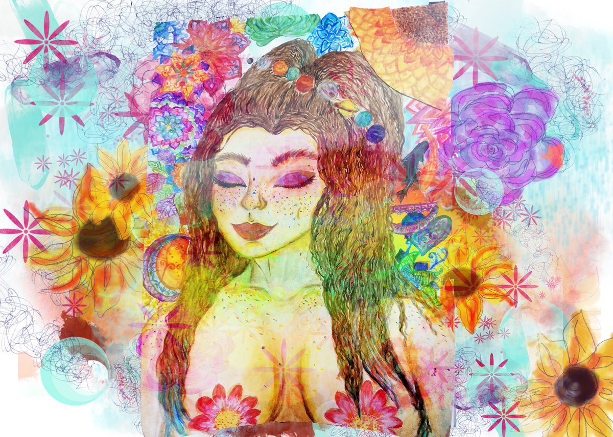 Self portrait from a while ago touched up with some digital elements #flowersnotbras #digitalart #MondayMotivation #artistsontwitter #portraitsofpride #startyourweekwithdoodling
