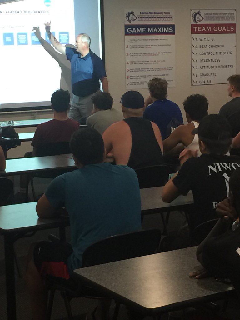 CSUPFootball's tweet image. Coach Wristen schooling the student athletes about recruiting, core, and sliding scales. How do you get recruited? Figure out your core after the meeting #classfirst #thePackway
