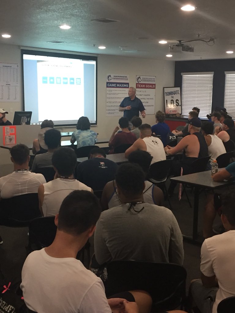 CSUPFootball's tweet image. Coach Wristen schooling the student athletes about recruiting, core, and sliding scales. How do you get recruited? Figure out your core after the meeting #classfirst #thePackway