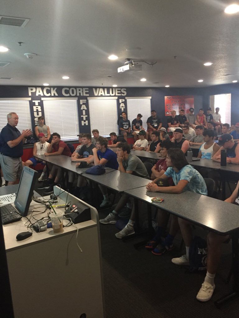 CSUPFootball's tweet image. Coach Wristen schooling the student athletes about recruiting, core, and sliding scales. How do you get recruited? Figure out your core after the meeting #classfirst #thePackway