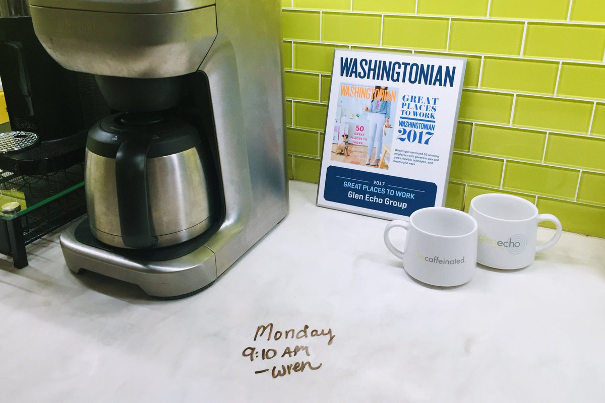 GlenEchoGroup's tweet photo. We started our week off right thanks to @wrendidit, who made coffee this morning! #NotAllHeroesWearCapes #becaffeinated https://t.co/oPI6SfIqim