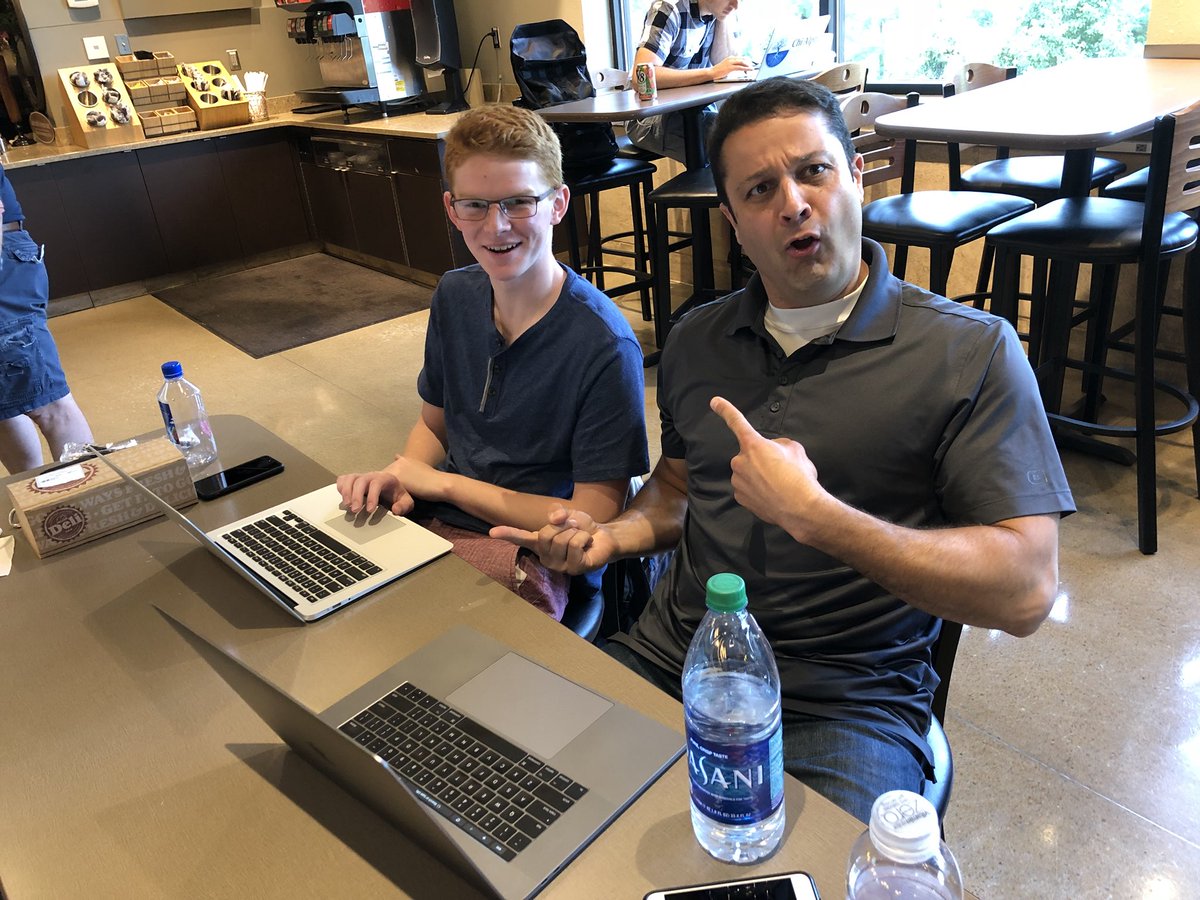 mike_weinberg's tweet photo. My partner & Chief Digital Officer schooling our very smart, handsome @PurdueKrannert-bound new marketing intern on our big content launch plans #happydad #firstdayonthejob #favintern #summerjob https://t.co/aCrU9CKviL