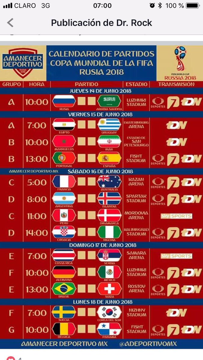 CaritoOlmos10's tweet photo. Día y hora de los partidos del mundial!!! 
No falta nada 💪🏻 https://t.co/8XZRbeeGCe
