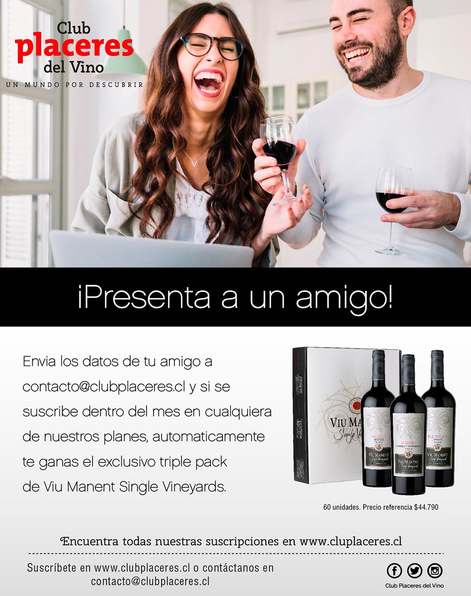 club_placeres's tweet photo. ¡¡Imperdible!! Envianos los datos de tu amigo y si se suscríbe dentro del mes, automáticamente te ganas un triple pack de Viu Manent Sigle Vineyards de regalo.
Contáctanos en contacto@clubplaceres.cl
Celular: (+56 9) 73825190
#ViuManent #VinoRegalo #Suscribete #ClubPlaceres https://t.co/lBDTlBRgvp