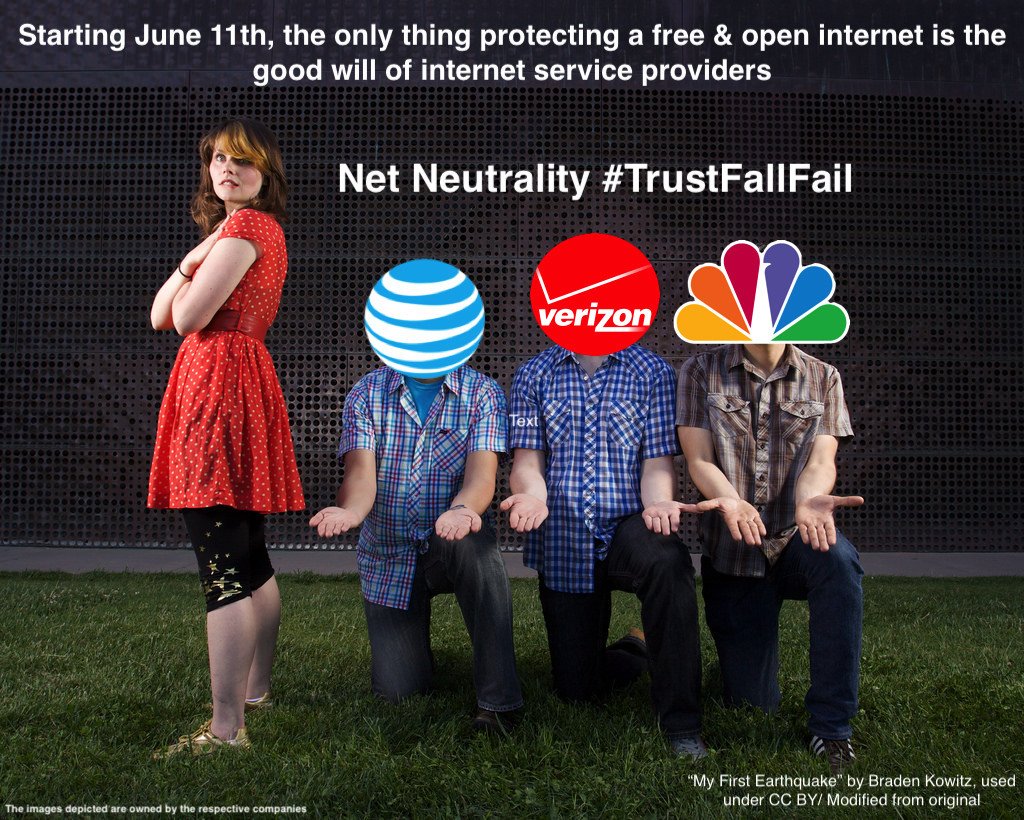 freepress's tweet photo. Starting today, #NetNeutrality protections are all about how much you can trust ISPs to keep the internet open, accessible, & affordable.
#TrustFallFail
Call your rep today & tell them to sign the discharge petition and support the CRA.
https://t.co/5vVaM4Ch4M https://t.co/6lNQa4KKne