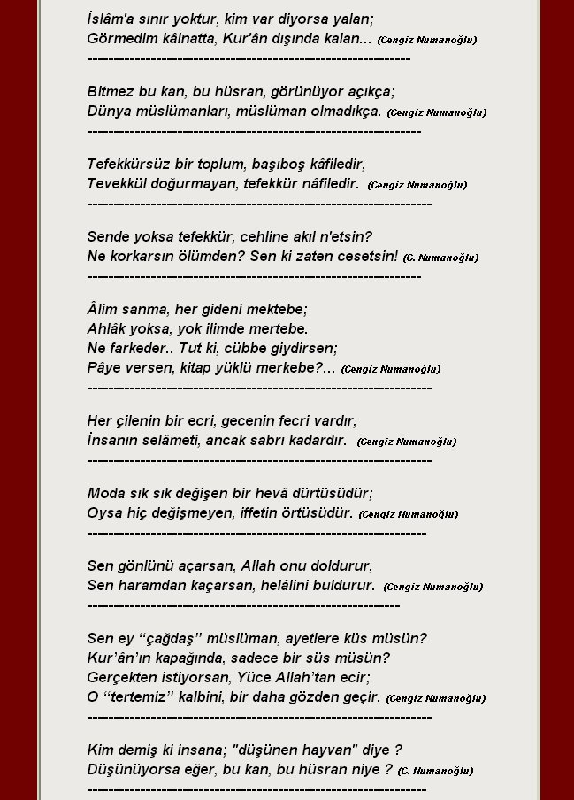 CengizNumanoglu's tweet photo. Aşağıdaki web sayfasından bütün Cengiz Numanoglu beyitlerine ulaşabilir, şairin ismini belirterek beyit ve şiirlerini sosyal medyada paylaşabilirsiniz :

https://t.co/Q8vGYz9odq  

------
#şiir #şuur #tefekkür
#Kuran #iman #güzelsözler #GününSözü
#CengizNumanoğlu #beyit #beyitler https://t.co/9u3BgXtkXF