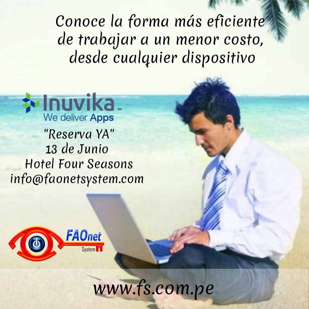 FaonetSystem's tweet photo. Te invitamos a conocer las soluciones de nuestro socio de negocios INUVIKA. El dia 13 de junio de 2018, en el Hotel Four Seasons en Lima Peru. Reserva tu entrada enviando un correo a info@faonetsystem.com. Te esperamos.
#Inuvika #FaonetSystem #App #Cloud #Peru https://t.co/FpG8Q8zyFS