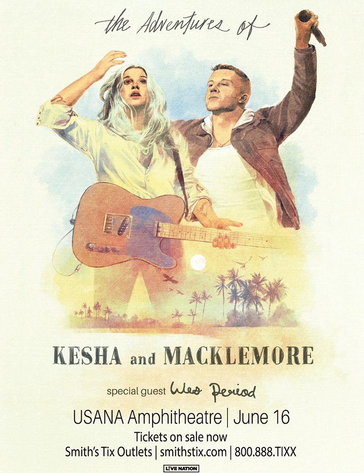 SmithsTix's tweet image. Mark your calendars...The Adventures Kesha and Macklemore is hitting the road this summer and will stop at USANA Amphitheatre June 16th!  Wes Period will also perform.