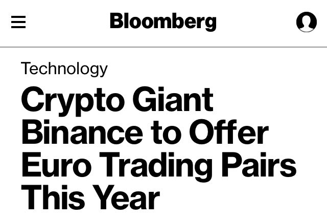 Binance can offer crypto-to-fiat $EURO trading pairs this year. This is directly related to operations in Malta. Other currencies are also in plans. Details: bloom.bg/2sSNsyW