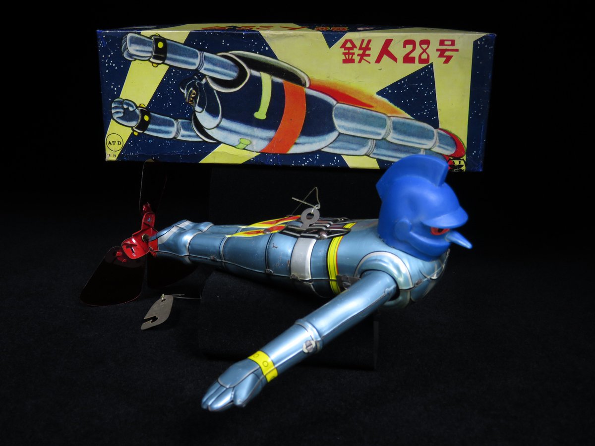 mark_toys's tweet photo. FOR SALE - MB Toys is offering this T28 Tetsujin tin litho. mech. wind-up flier with the Original box! Vinyl head, three propellers, and string with hook! Made by ATD &amp; A1 - Box has LARGE Gigantor launching through space with search lights, Rocketship, Space Station among stars! https://t.co/UUWJJnJNJ7