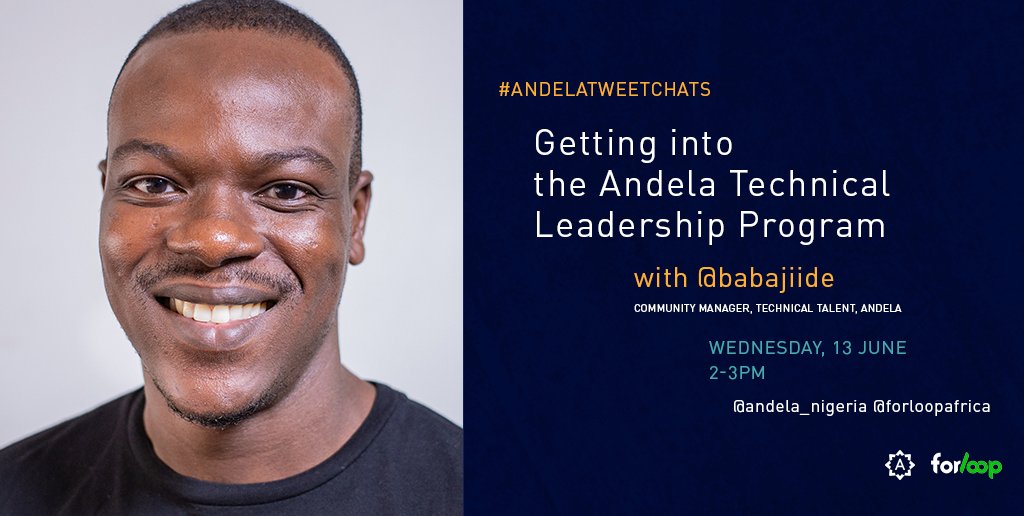 forloopAfrica's tweet photo. As you may have heard, we will be facilitating a Tweetchat with @Andela_Nigeria's Tech Talent Community Mgr, @Babajiide on Wednesday by 2pm (WAT). If you have questions about joining the Andela Tech Leadership Program, don't miss this Tweetchat. 😉
#AndelaTweetchats https://t.co/a5XngkI7Ei