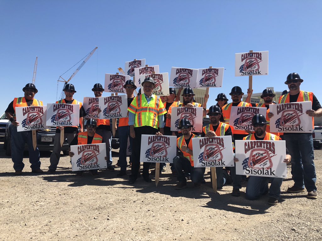 WSCarpenters's tweet photo. .#swcarpenters walking for @SteveSisolak @RAIDERS Stadium #itsaboutjobs. Thank to @FOX5Vegas for talking to Carpenters about #Jobs and our next #nvgov. #hammerthevote https://t.co/TzUfAf4BAB