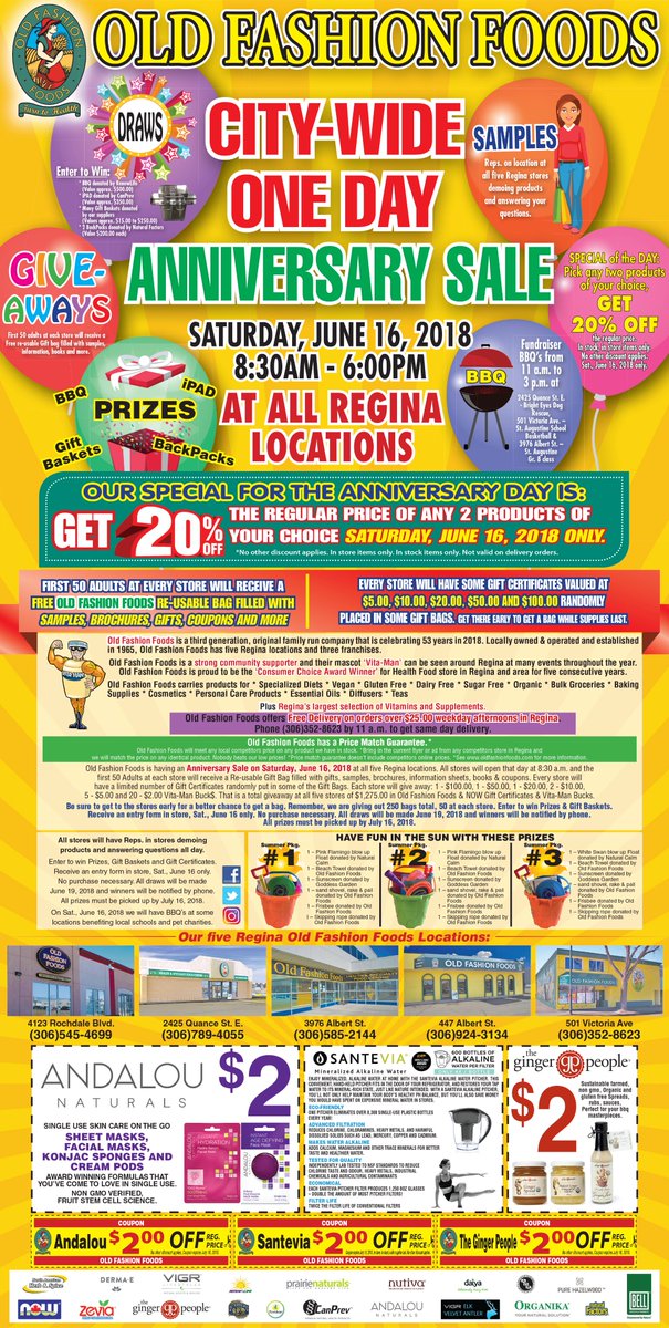 OLDFASHIONFOODS's tweet image. OLD FASHION FOODS Anniversary SALE- SATURDAY, JUNE 16
Stop by any of Regina's 5 stores &amp;amp; SAVE 20% OFF reg price of any 2 products. First 50 Adults at each store will get a FREE re-usable bag filled with gifts, samples, books &amp;amp; more. All stores open at 8:30 a.m. Don't miss out!