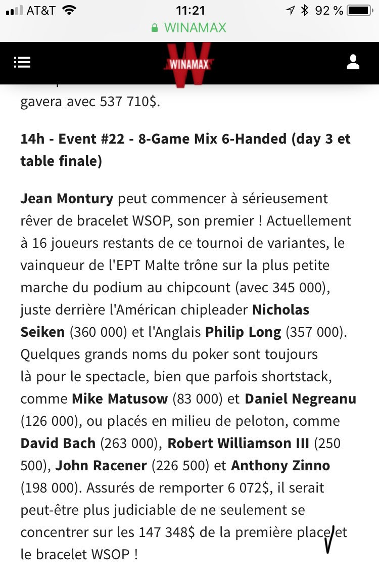 Plus que 15 joueurs a battre ...
#joueurdevariantes 💪
#objectifbracelet 🥇
#JAQKteam  
⁦<a href="/WSOP/">WSOP - World Series of Poker</a>⁩  🇫🇷⁦   <a href="/Winamax/">Winamax Poker 🔞</a>⁩