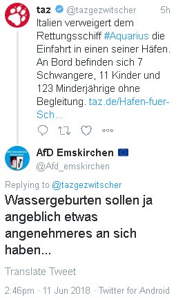 reinboth's tweet photo. Menschenverachtendes Geschmeiß. Dass #AfD-ler auch angesichts solcher Ausfälle nach wie vor die Frechheit besitzen, sich als Hüter "westlicher Werte", der Aufklärung oder gar des Christentums zu stilisieren, unterstreicht deutlich das völlige Fehlen eines moralischen Kompasses. https://t.co/q5Ss6Qi4ko