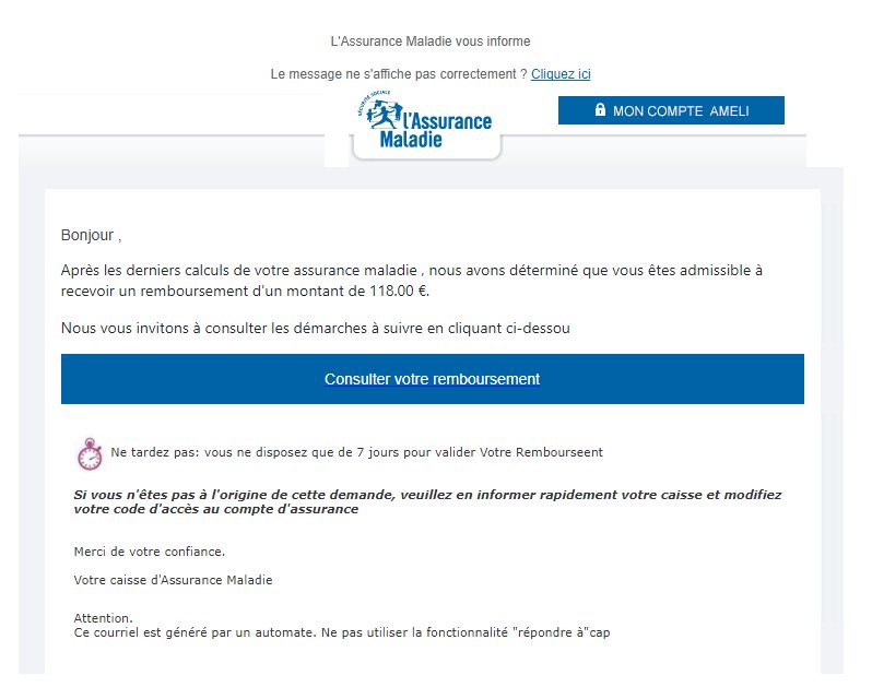 cybervictimes's tweet photo. ⚠️Recrudescence constatée d'#hameçonnage (#phishing) aux couleurs  @ameli_actu : Non l'assurance maladie ne vous envoie pas de remboursement en vous demandant votre numéro de CB 💳. C'est une #cybermalveillance qui vise à vous voler vos données personnelles et bancaires. 🔃 https://t.co/eDzQ8efai1