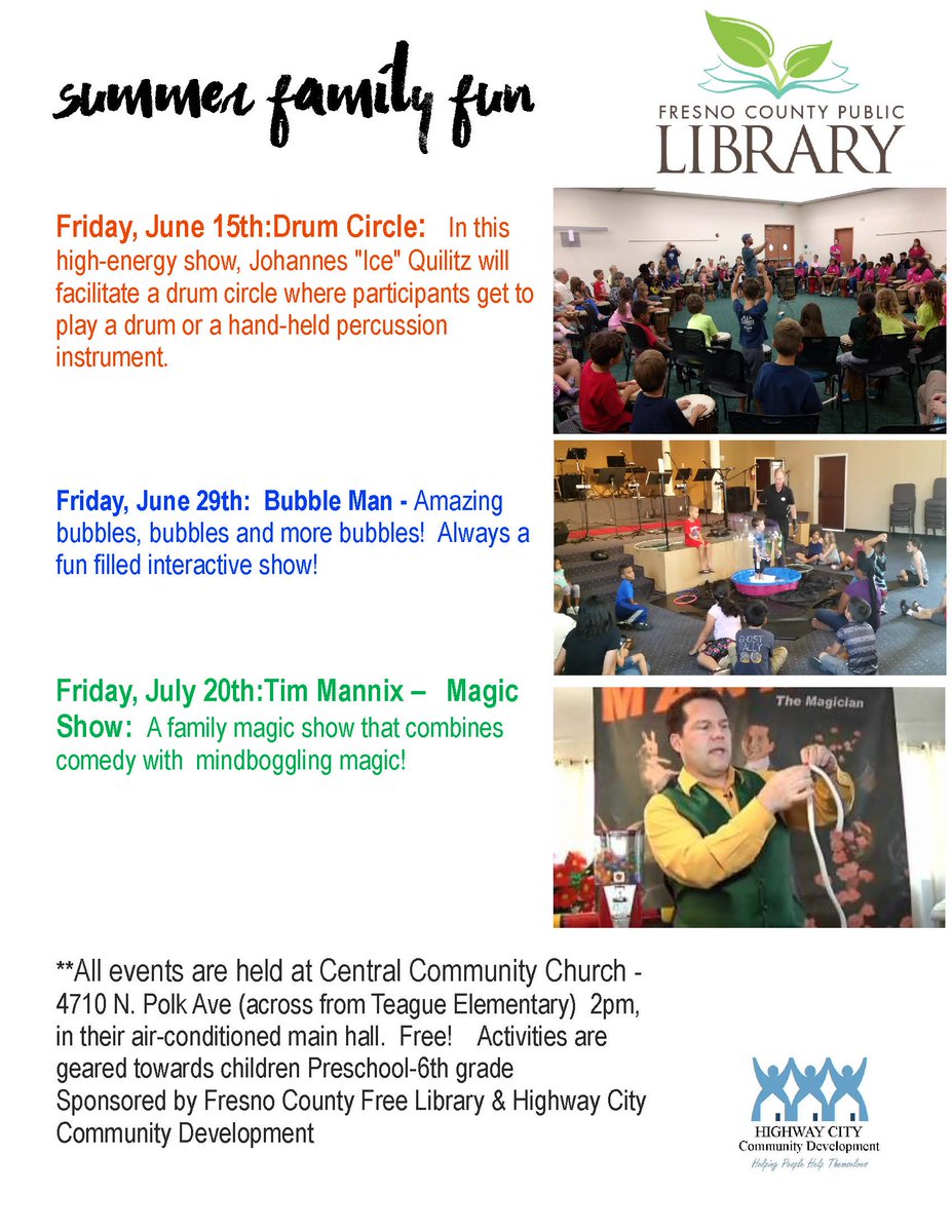 CentralUSD's tweet photo. Get ready for some summer fun, sponsored by the #FresnoCountyLibrary and #HighwayCityCommunityDevelopment. 

The 1st event begins this Friday at #CentralCommunityChurch across from #Teague. 

For more info, please see the attachment. 
#CentralUSD https://t.co/b80awY5MXm