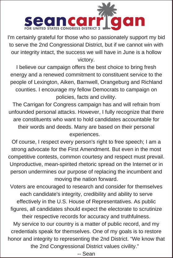CarriganFiles's tweet image. On April 9, Sean Carrigan released his team's pledge of civility &amp;amp; courtesy. Based on their attacks of Phil Black &amp;amp; Annabelle Robertson-it's another black mark on Carrigan's integrity, record &amp;amp; character.@scdp @SCSenateDems @thestate @DKElections @dailykos @SumterSCDems @theitem