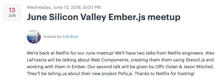 ebryn's tweet image. June’s @SVEmberJS meetup is this Wednesday at @netflix! @offirgolan, @_jasonmit &amp;amp; @alexlafroscia are speaking, I’ll be there to answer all your @emberjs questions as well. More details &amp;amp; RSVP at svemberjs.com