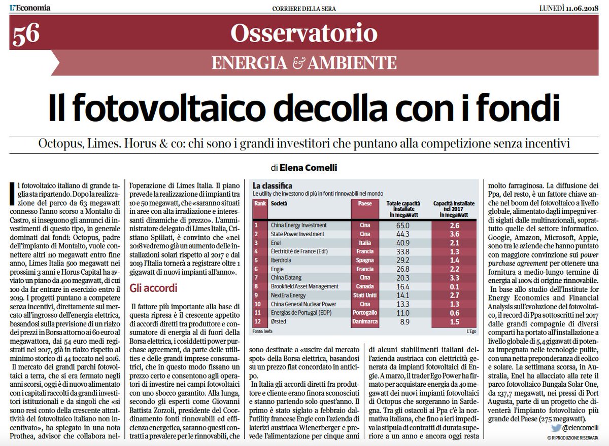 #LargeScale #solar farms in #GridParity enjoy a #comeback in #Italy and abroad, #Fotovoltaico senza #incentivi decolla grazie ai #fondi che investono nei grandi parchi #solari e alle aziende che comprano l'energia direttamente dal produttore, via @L_Economia #DecarbEurope #Tw4SE