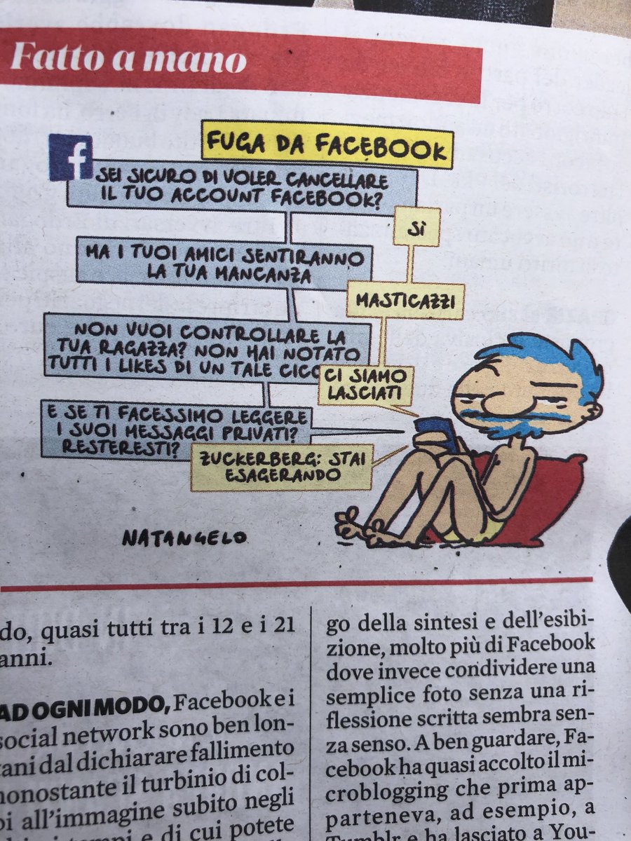 cutillo_michele's tweet photo. Una vignetta (@fattoquotidiano oggi,da leggere),tre messaggi:Momento ‘difficile’ per Facebook,Utilizzo di alcuni dei social,tutti,per segnalare ‘interesse’ (Like,Fw,etc.), Privacy. https://t.co/Y2XHrBWFBk