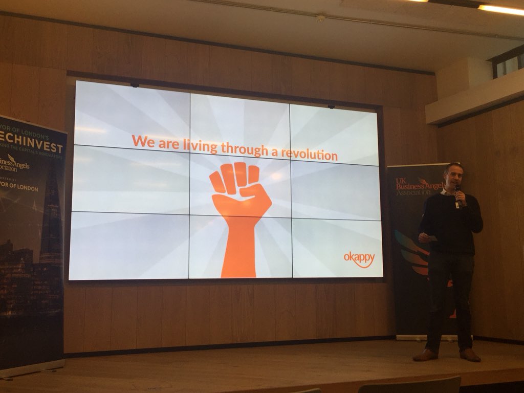 ok_appy's tweet photo. Richard Harris, CEO of #Okappy speaking about changing industry for the better @UKBAngels pitching event @ThinkRiseLDN #MOLtechInvest https://t.co/iCJbXU3NoI