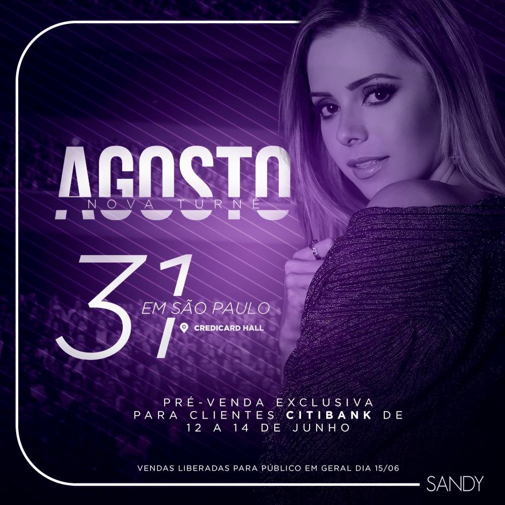 ForeverSandyFC's tweet photo. Acabou a espera! 😍 A nova turnê da Sandy já tem data e local definido: em São Paulo/SP no dia 31 de agosto! 🎤 Os clientes do cartão Credicard contarão com pré-venda exclusiva entre os dias 12 e 14 de junho. A venda para o público geral começa a partir do dia 15 de junho. 👏🏼🎈 https://t.co/T5e8XKPJxP