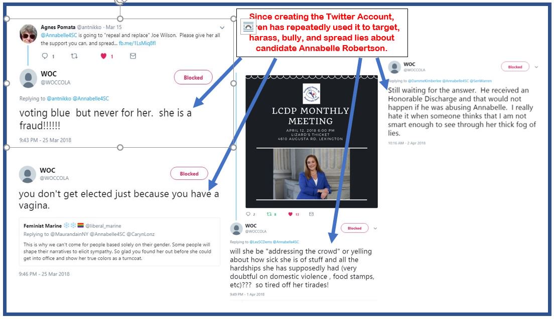 CarriganFiles's tweet image. Clever Sean Carrigan-using others to attack for him. These tweets show how his wife set up a Twitter acct using her Facebook post as the 1st tweet to launch a vulgar ongoing attack on Annabelle Robertson @scdp @SCSenateDems @thestate @DKElections @dailykos @SumterSCDems @theitem